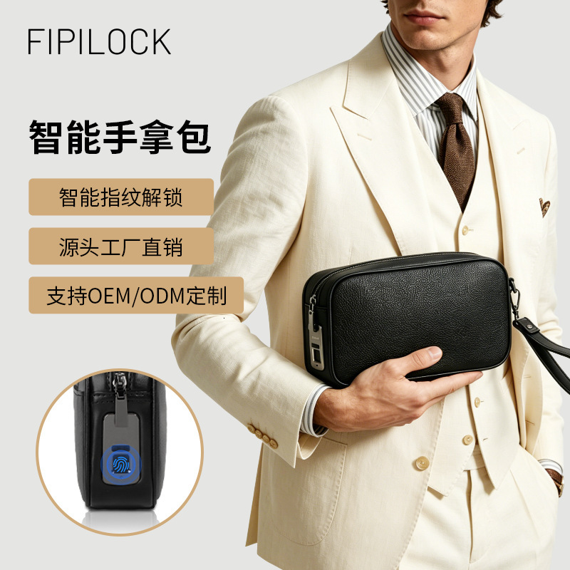 2026 new new crossborder clutch with fingerprint lock antitheft genuine leather handbag highend largecapacity casual business mens bag free shipping