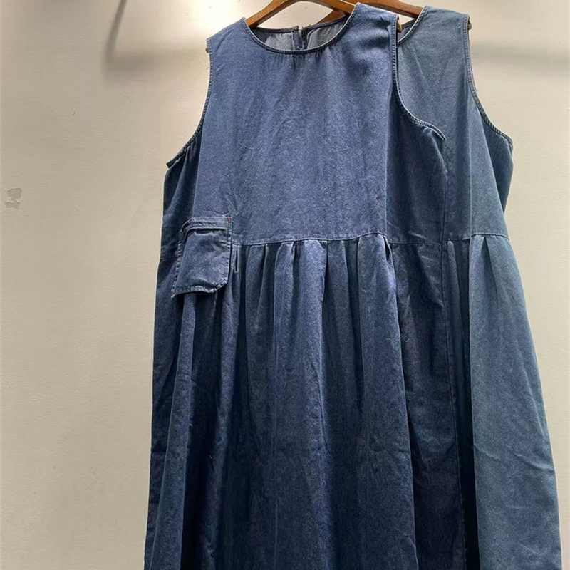 2026 Mori kei clothing Japan fashion vintage sleeveless denim dress for women spring casual solid aline jean y261015
