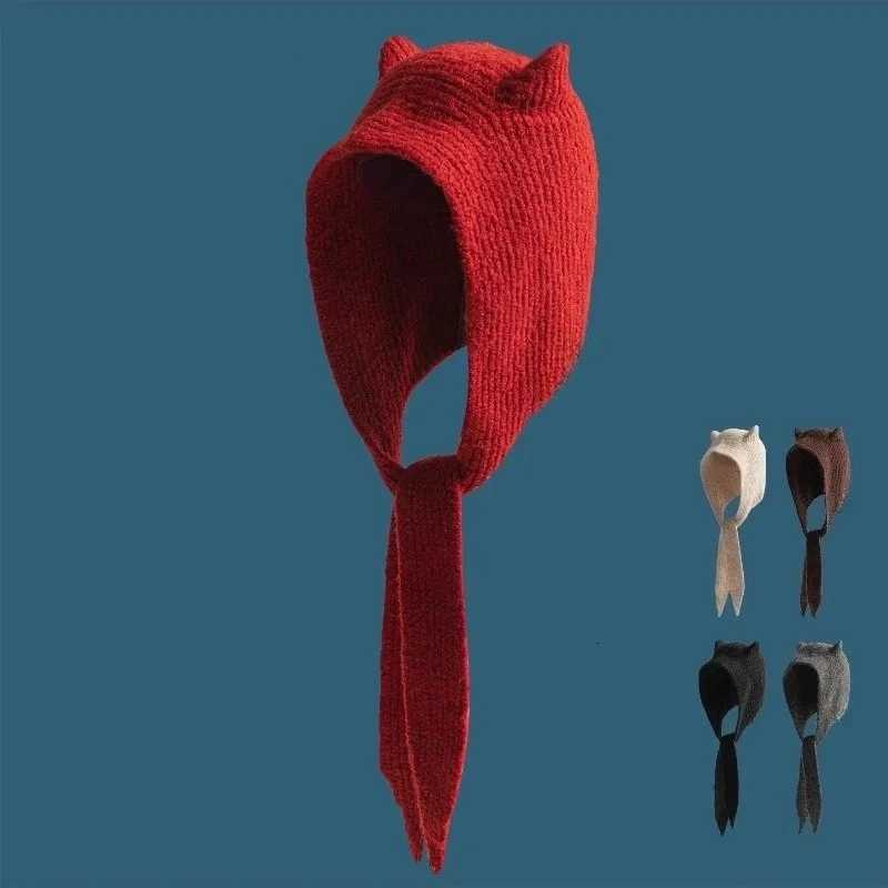Beanie/Skull Caps Korean Version Scarf Knitted Balaclava Hat Women's Autumn and Winter Warm Versatile Retro Christmas Red Wool Cap Q261017