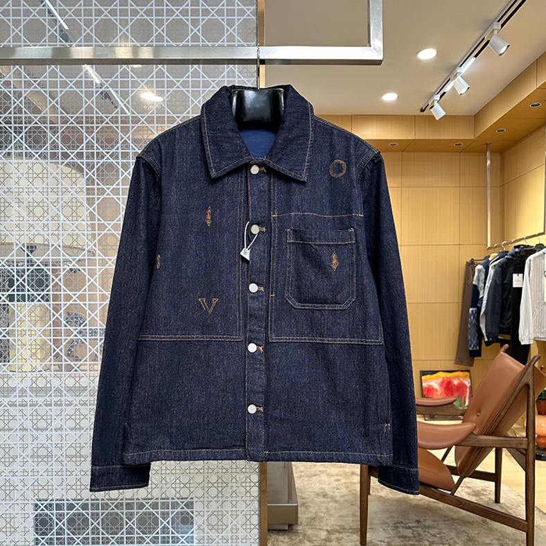 Vintage Gold Thread Embroidery Denim Jacket Street Style Lapel Collar Relax Button Shirt Outwear Autumn Designer Stroll Vacation Dinner Jean Coat