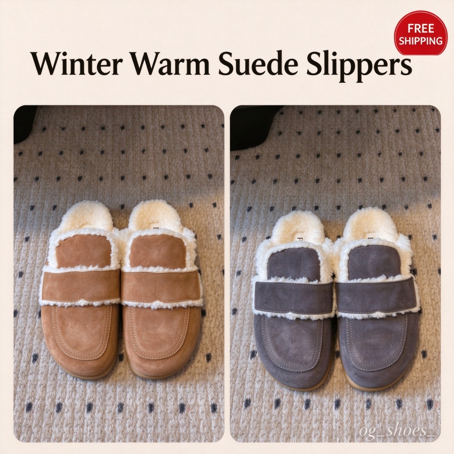 Winter Warm Suede Shearling Slippers Women Men Plush Lined Slip On Mules Comfortable Flat Indoor Outdoor Casual Faux Fur Lined Slides