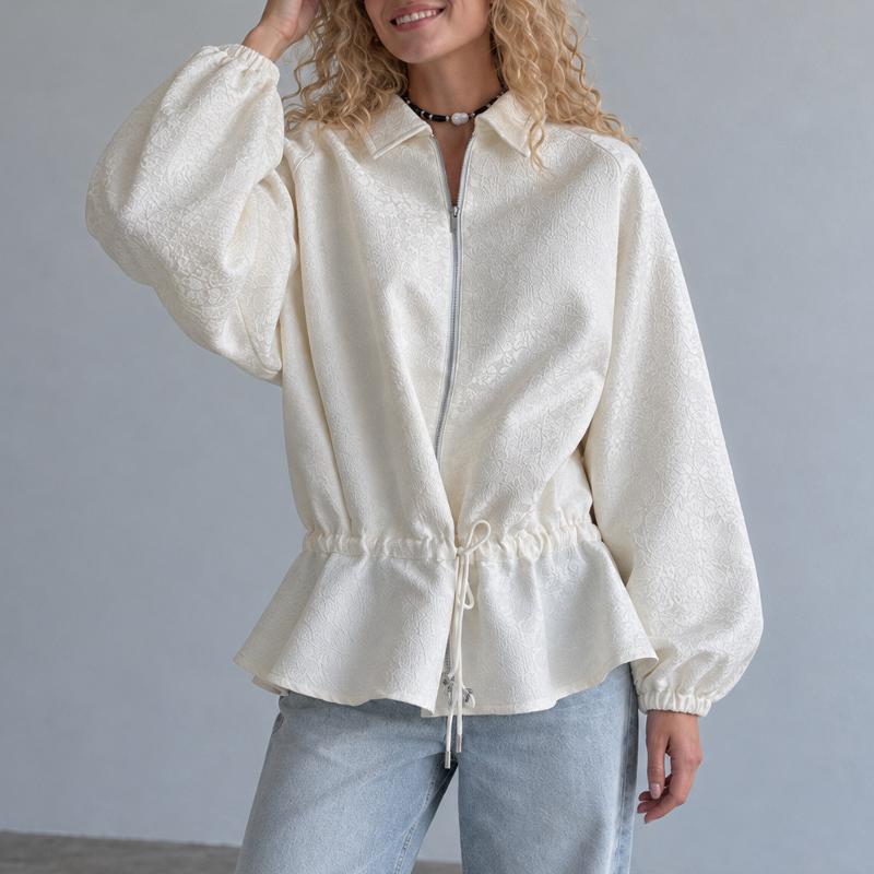 Veste zippée en jacquard blanc cassé pour femme, col ballon, haut à manches longues, cordon de serrage à la taille, surdimensionné, silhouette dé