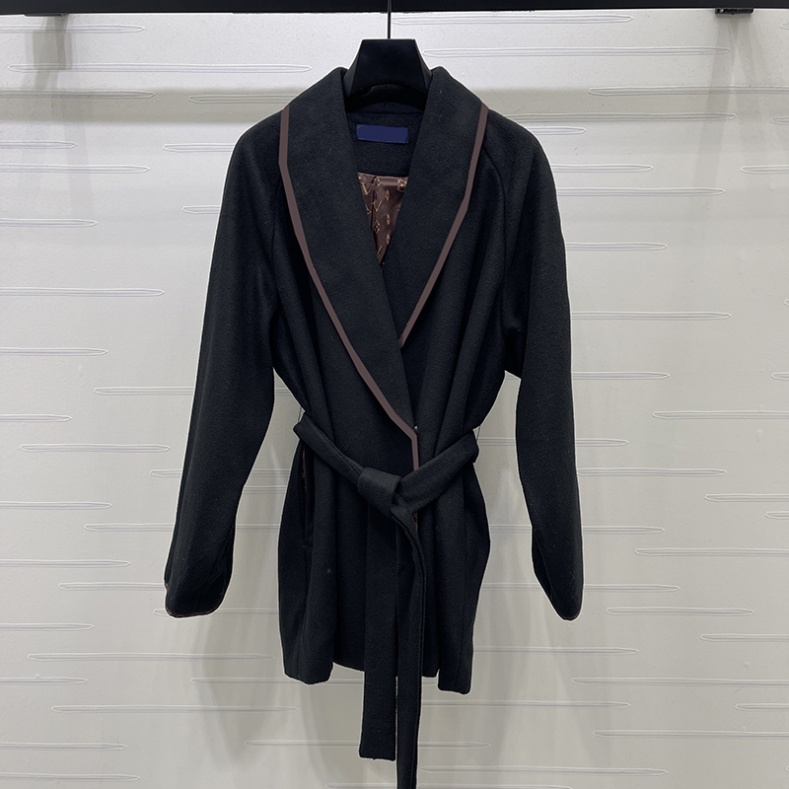Designer Shawl Collar Belted Wool Coat Women Contrast Piping Wrap Midi Jacket Winter Loose Luxury Casual Black Outerwear