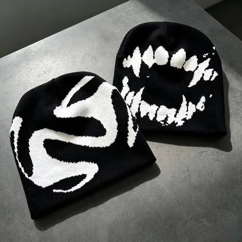 Unisex Y2K Punk Knit Beanie Hat 2 Styles Fangs Teeth Abstract Jacquard Skullies Cap Men Women Winter Warm Streetwear Hip Hop J260511