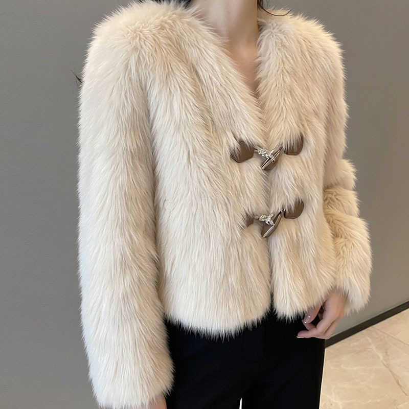 Fur Short Coat Women 2026 Horn Button V Neck Plush Jacket Women Winter Elegant Warm Fluffy Outerwear S261016XHLZ