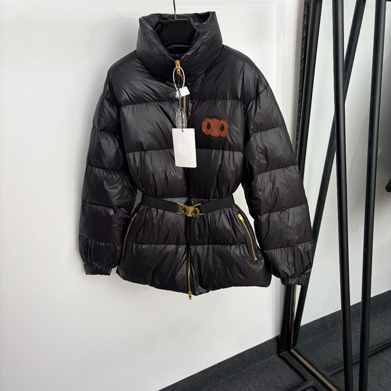 Women Stand Collar Down Jacket Brand Embroidered Long Sleeve Slim Puffer Coat With Belted Winter Vintage Warm Outerwear