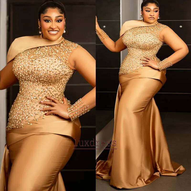 Plus Size Champagne Mermaid Prom 2026 Evening Dresses Crystals Party Dress Sequined Lace Formal for Black Women Birthday Gowns