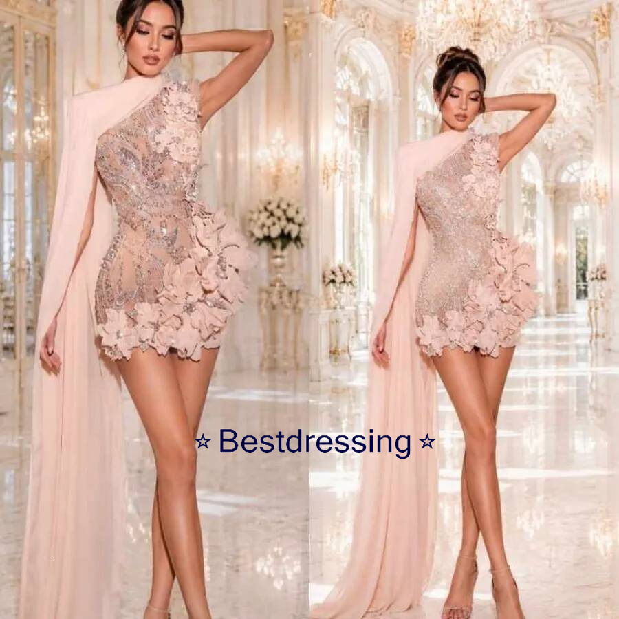 Mini Cocktail Party Prom Dresses High Neck Hand Made Flowers Mermaid Night Gowns Arabic Birthday Evening Dress Customized Bd017