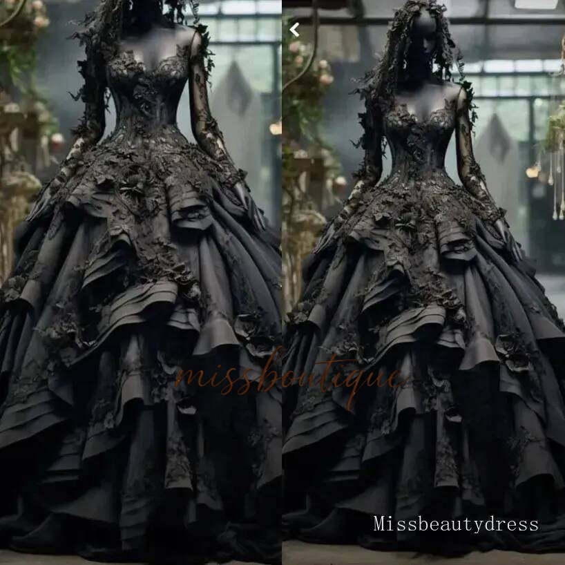 Gothic Style Dresses Elegant Black Lace A Line Bridal Gowns With 3D Florals Long Sleeves Plus Size Wedding Gown Robe De Soiree O16 Q019