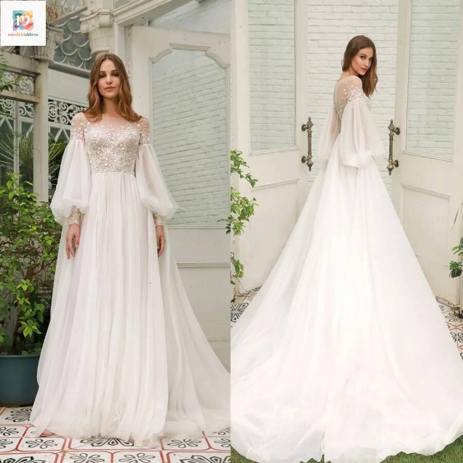 Elegant A Line Wedding Dresses Long Sleeves Lace Appliques Beaded Bridal Gowns Chapel Train Dress For Women Bride Customized Mb017