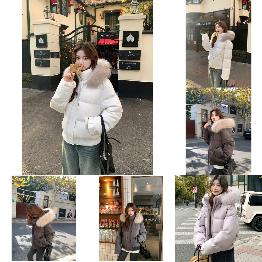 90% white duck down puffer jacket for women, parka style, with a large fur collar, 2026 winter new collection, snow mountain landscape design, short
