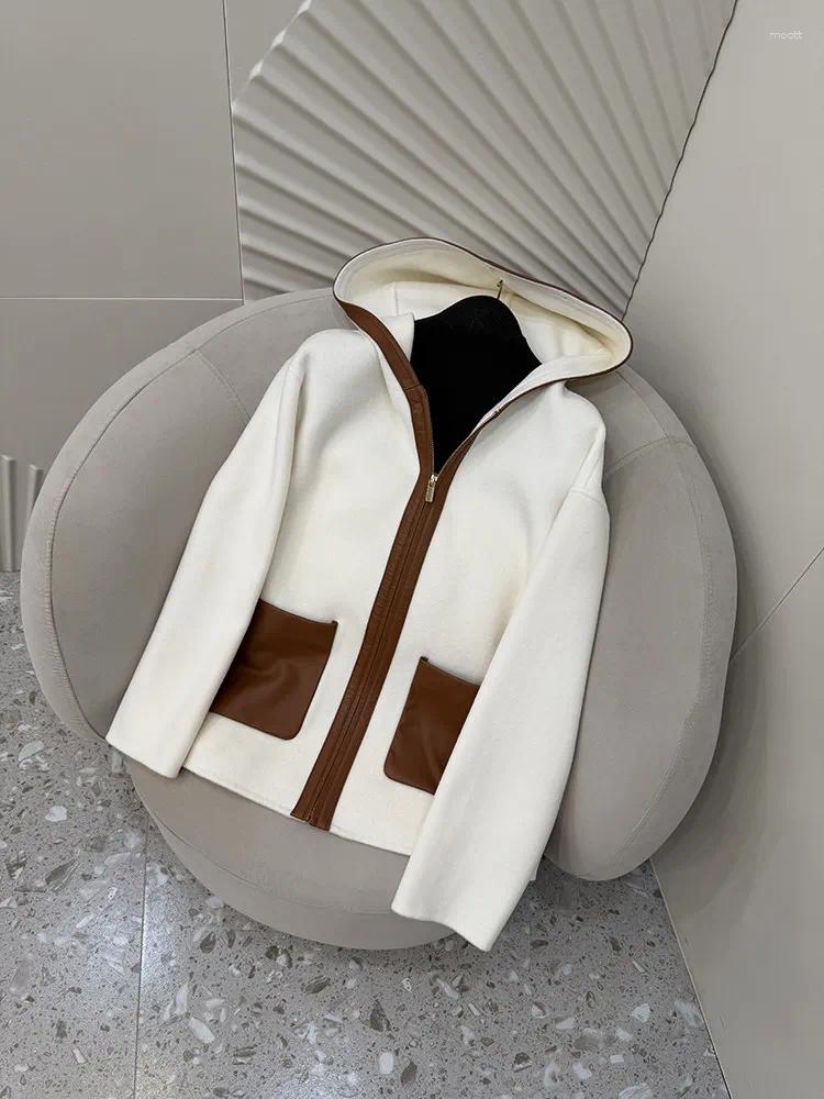 Zipper Leather Color Blocked Pocket Hooded Mid Length Women's Wool Jacket