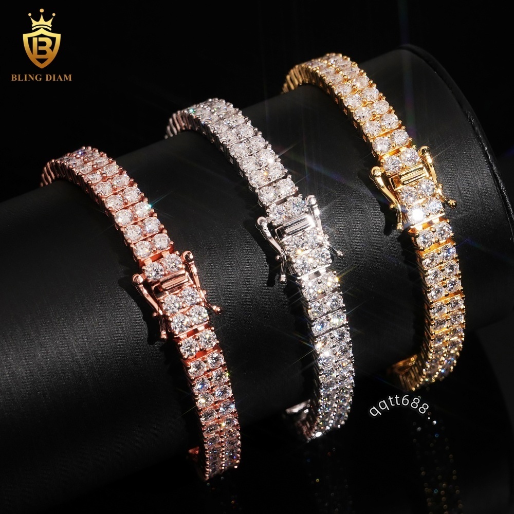 2Rows VVS1 Iced Out Moissanite 925 Sterling Silver Tennis Chain 66mm Moissanite Tennis Chain Bracelets Pass Diamond Test GRA