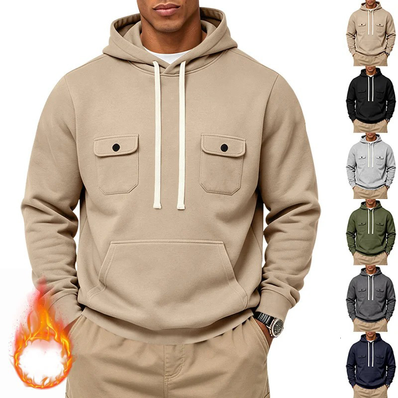 Autumn winter men's workwear-style zip-up hooded sweatshirt with drawstring, multiple pockets, and long sleeves; original design
