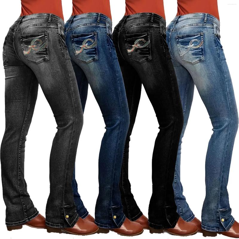 Women Jeans Distressed Straight Pants Low Waist Pockets Button Zipper Casual Full Length Vintage Embroidery Denim Trousers