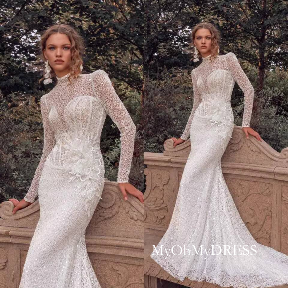 Customized Mermaid Wedding Dresses Beach Boho Illusion Lace Appliques Long Sleeve Bridal Gowns Formal Bride Dress Y016