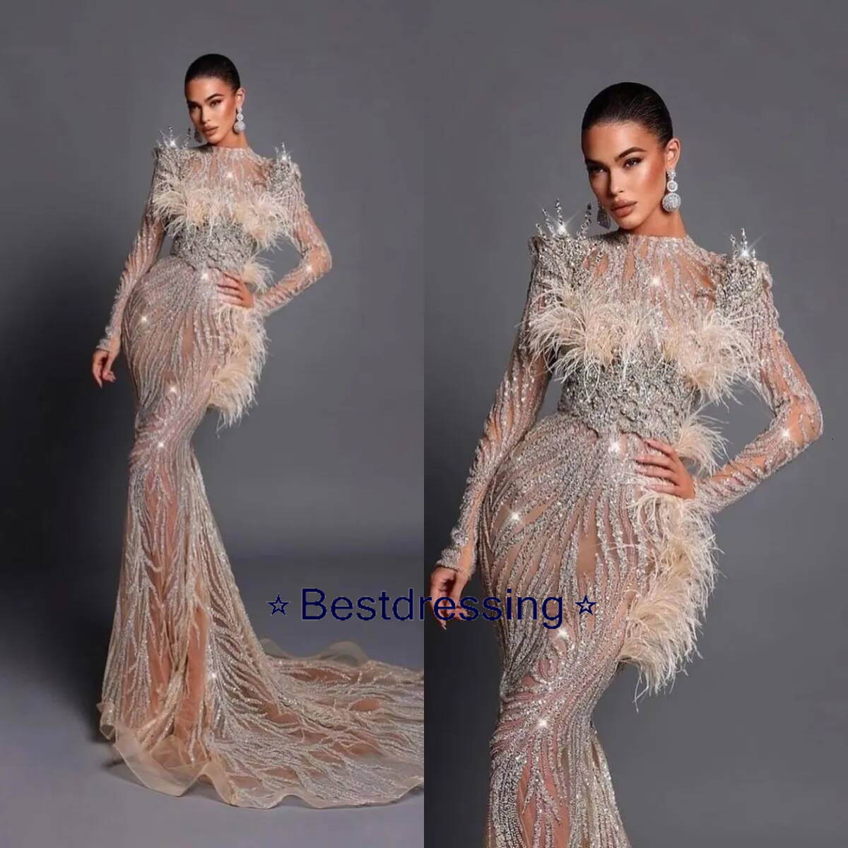 Luxury Feather Wedding Dresses Sequins Crystal Bridal Gowns See Through Long Sleeves Mermaid Rhinestone Customized Bride Vestidos De Novia Plus Size