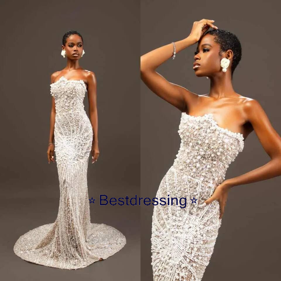 Fashion Strapless Beaded Prom Dresses Elegant Sleeveless Pearls Evening Dress Floor Length Party Gown Customized Bd019