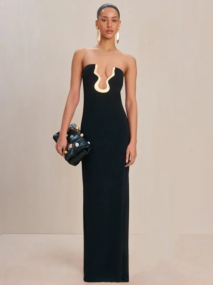 Women Celebrity Sexy Strapless Backless Black Maxi Long Bodycon Bandage Dress Elegant Evening Club Party Outfit 261015