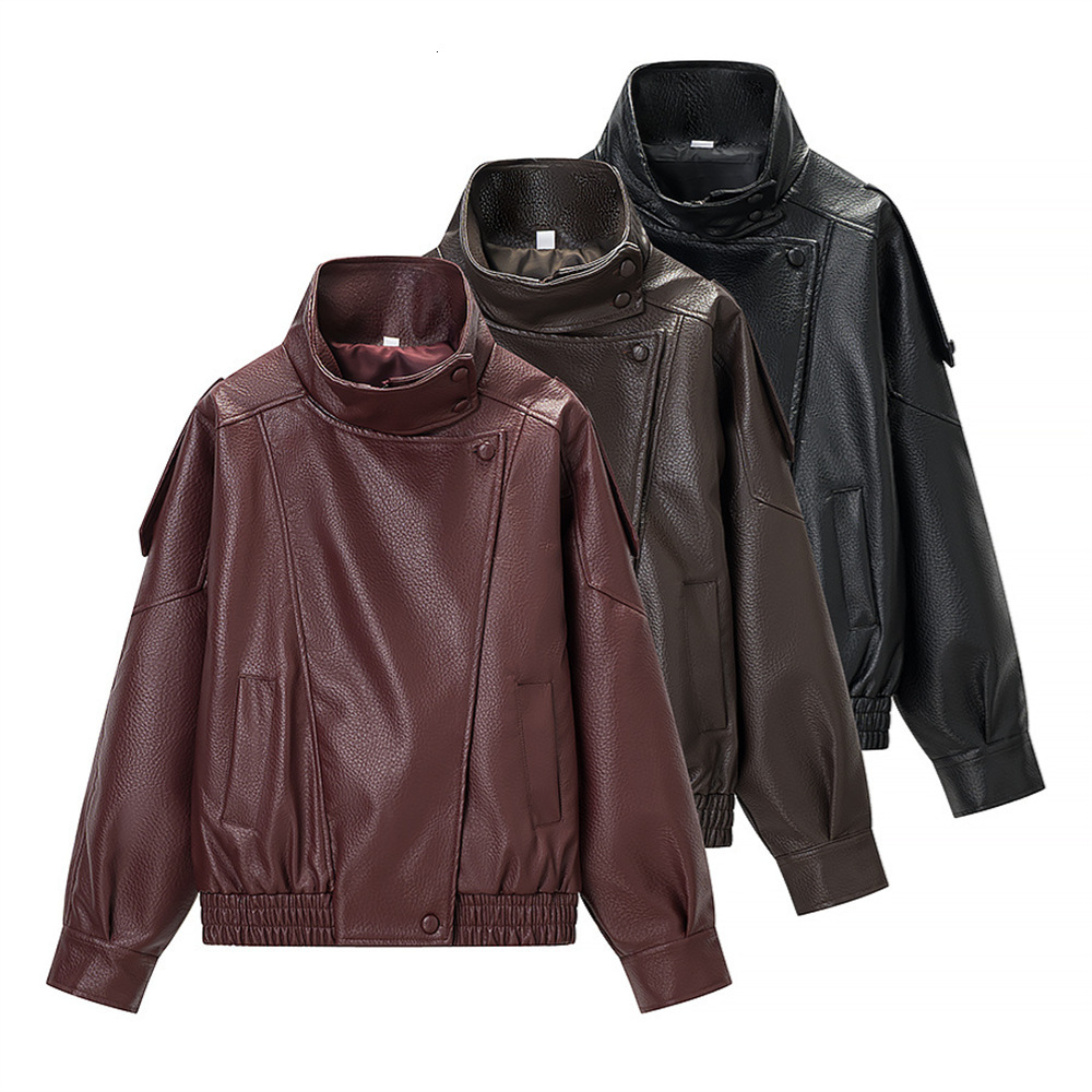 New motorcycle-style stand-up collar jacket for women, loose-fitting, short, retro PU leather jacket, popular cross-border wholesale item