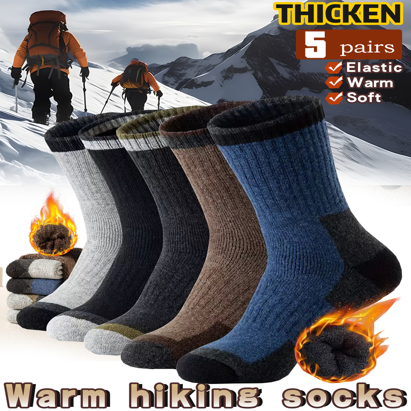 5 Pairs Mens Thickened Towel Socks for Hiking Sports Winter Warm Thermal Midcalf Fleece Lined Retro Style 261019