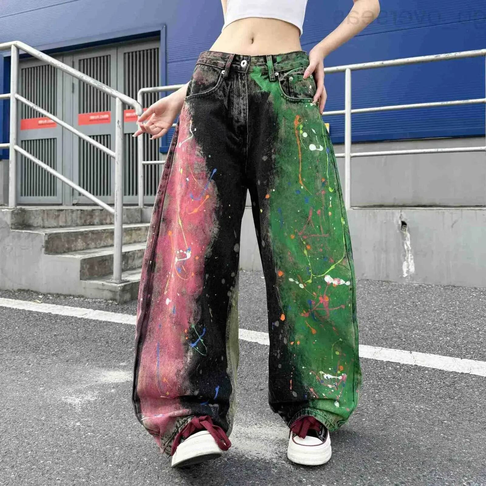 Men Jeans American Street Style Colorful Splatter Paint For Gradient Washed Loose Fit High Wide Leg Curved Pants Both And Women 6Bel trousers Denim