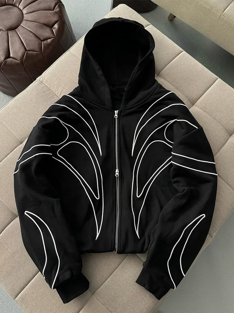 Street Retro Fashion Clothing Striped Embroidered Black Double Zipper Hoodie American Hip-hop Punk Oversized Sweatshirt Women 261014