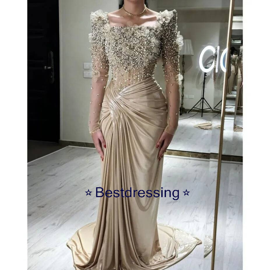 2025 Elegant Champagne Mermaid Evening Dresses Crystals Beads Long Slves Formal Occasion Gowns With 3D Floral Appliques Pleats Celebrity Mother Dres