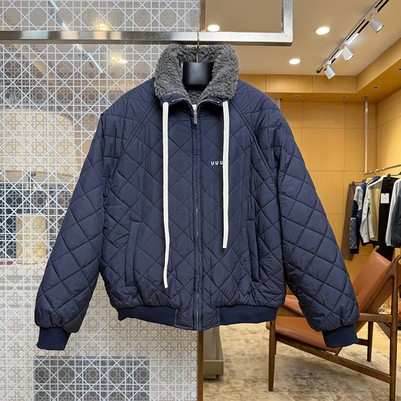 Minimalist Deep Blue Padded Coat Stand Collar With Drawstring Plaid Zipper Warm Outwear Winter Casual Daily Outdoor Versatile Down Overcoat