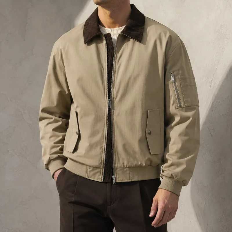 Men's Casual Workwear Jacket Corduroy Collar Zip Up Long Sleeve Windproof Bomber Coat Spring Autumn Utility Pocket Outerwear T261019
