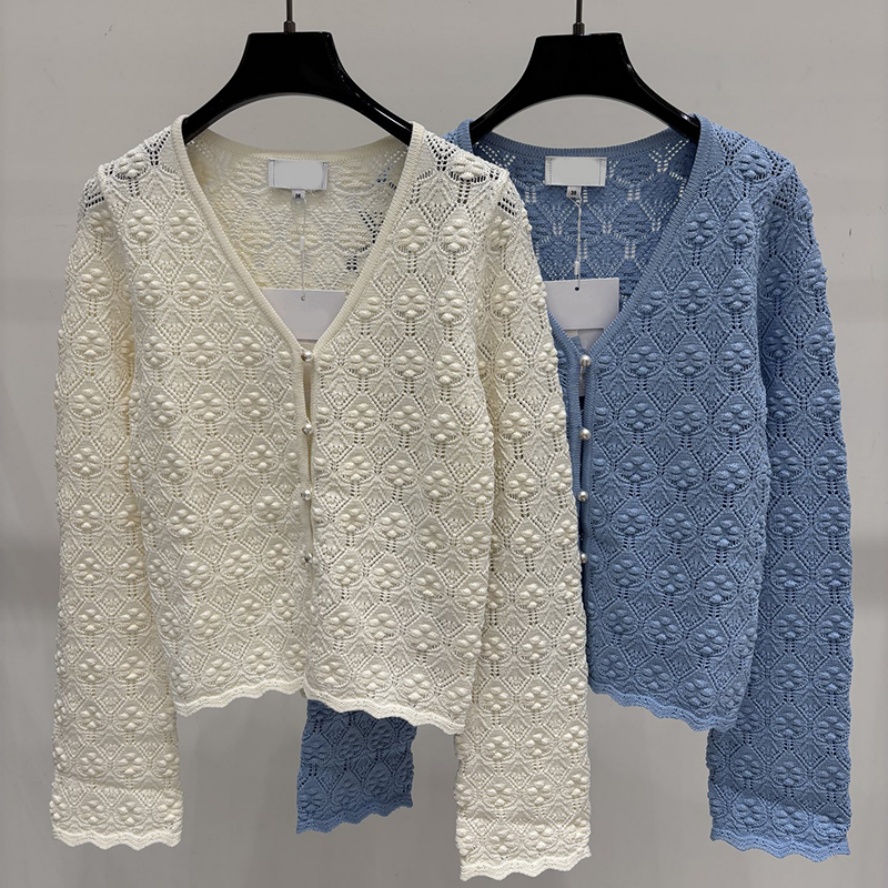 Women Elegant Knitted Cardigan Designer Hollow Out Pearl Buttons Cardigan Autumn Winter Resort Vacation Breathable Sweater