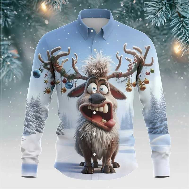 Santa Claus casual men's button up shirt long sleeved Christmas themed shirt collar button 3D snowman print T261019