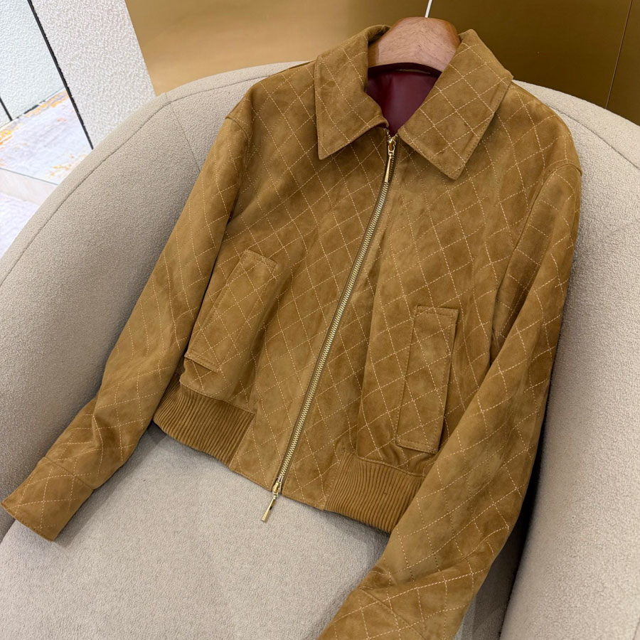 new fashion 2026 Luxury Checked Sheepskin Jacket for Women Designer Zipper Up Long Sleeve Coat Autumn Spring Street Style Outerwear Leather coat