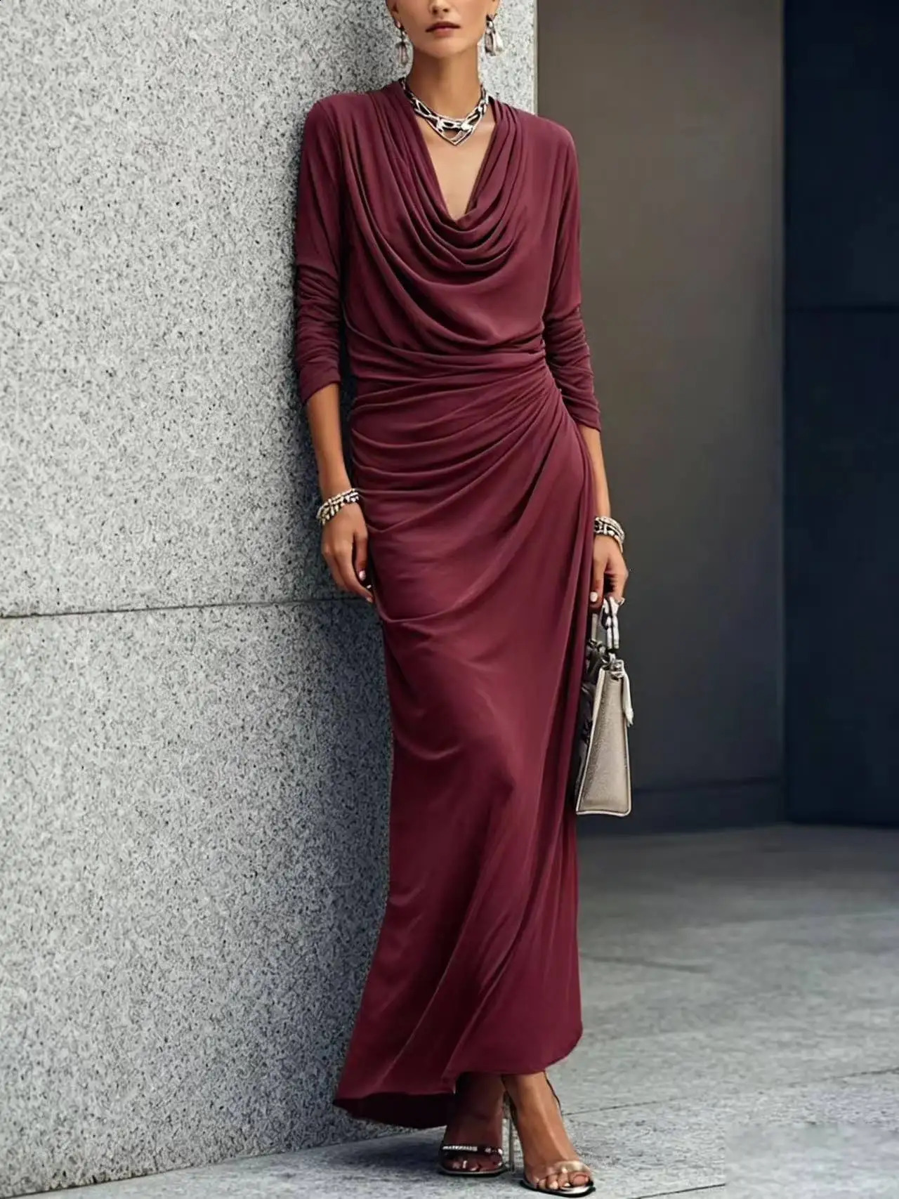Women Burgundy Maxi Dress Long Sleeve Cowl Neck Ruched Bodycon Dress Elegant Evening Party Dress Slim Fit Fall Winter Fashion 261015