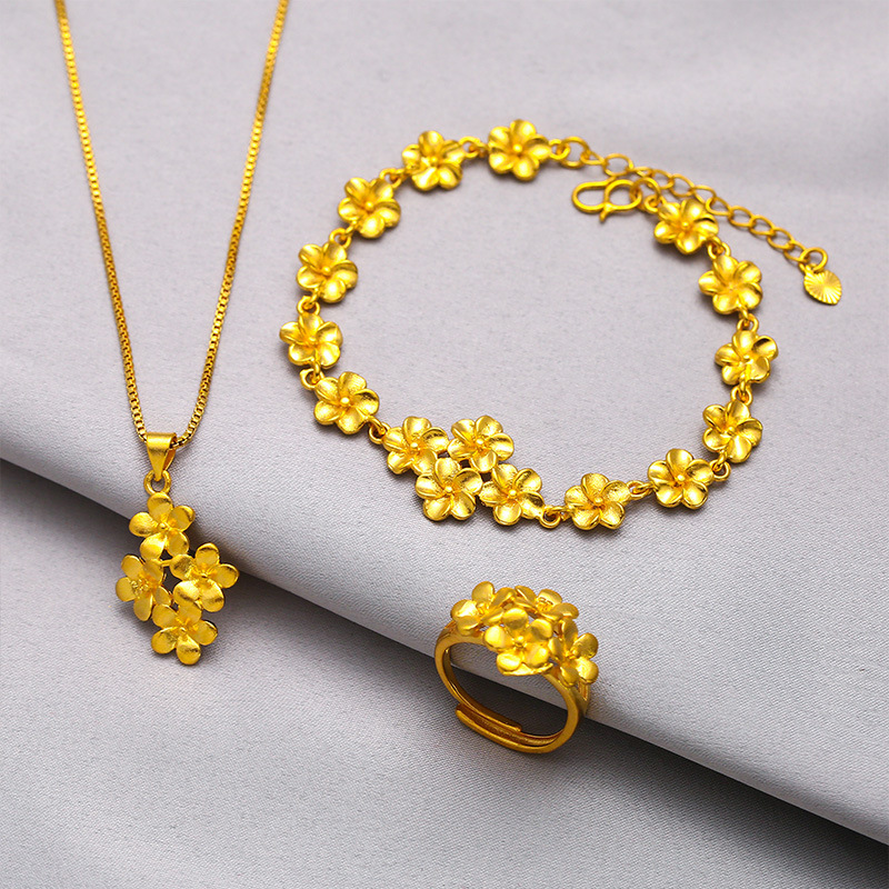 Wholesale Femmes Bijoux Copper Flower Shape Necklace Ring Bracelet Dubai 24k Gold Plated Wedding Bride Jewelry Set for Women Gift