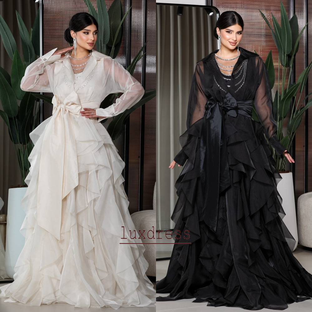 Intricate Fashion Organza Evening Dress Pleat Ruched Draped Sash Bow A-line V-neck Long Women Formal Occasion Dresses Arabic Celebrity Red Carpet Go