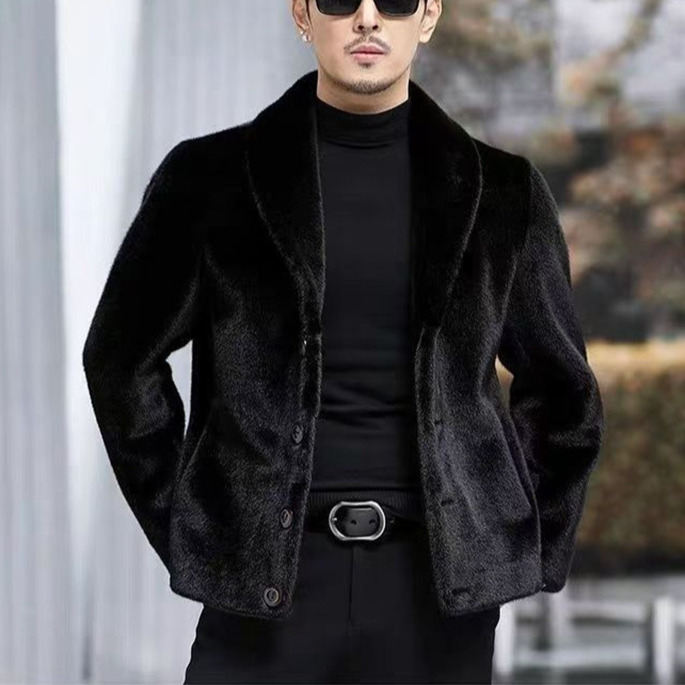Fashion Black 2026 Golden Mink Haining Fur Coat Men's Winter Thickened Warm Reversible Green Fruit Collar Jacket Outerwear