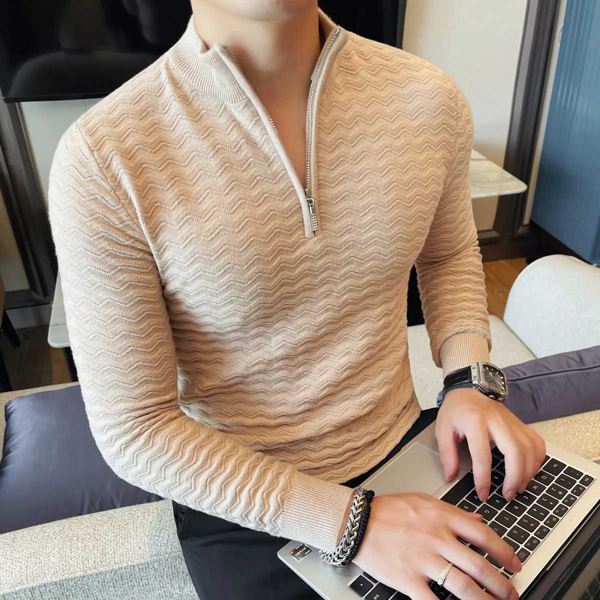 Men Half Zipper Clothes Sweater Fashion Stand Collar Long Slve Men's Casual Sweaters Slim Fit Elastic Comfortable Pull Homme M261016