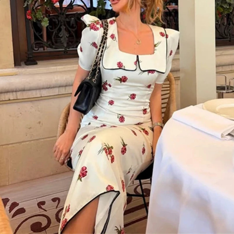 Women Casual Hight Waist Slim Long Dress Elegant Square Collar Short Sleeve Bohe Dress Fashion Floral Print Vacation Party Dress 261014