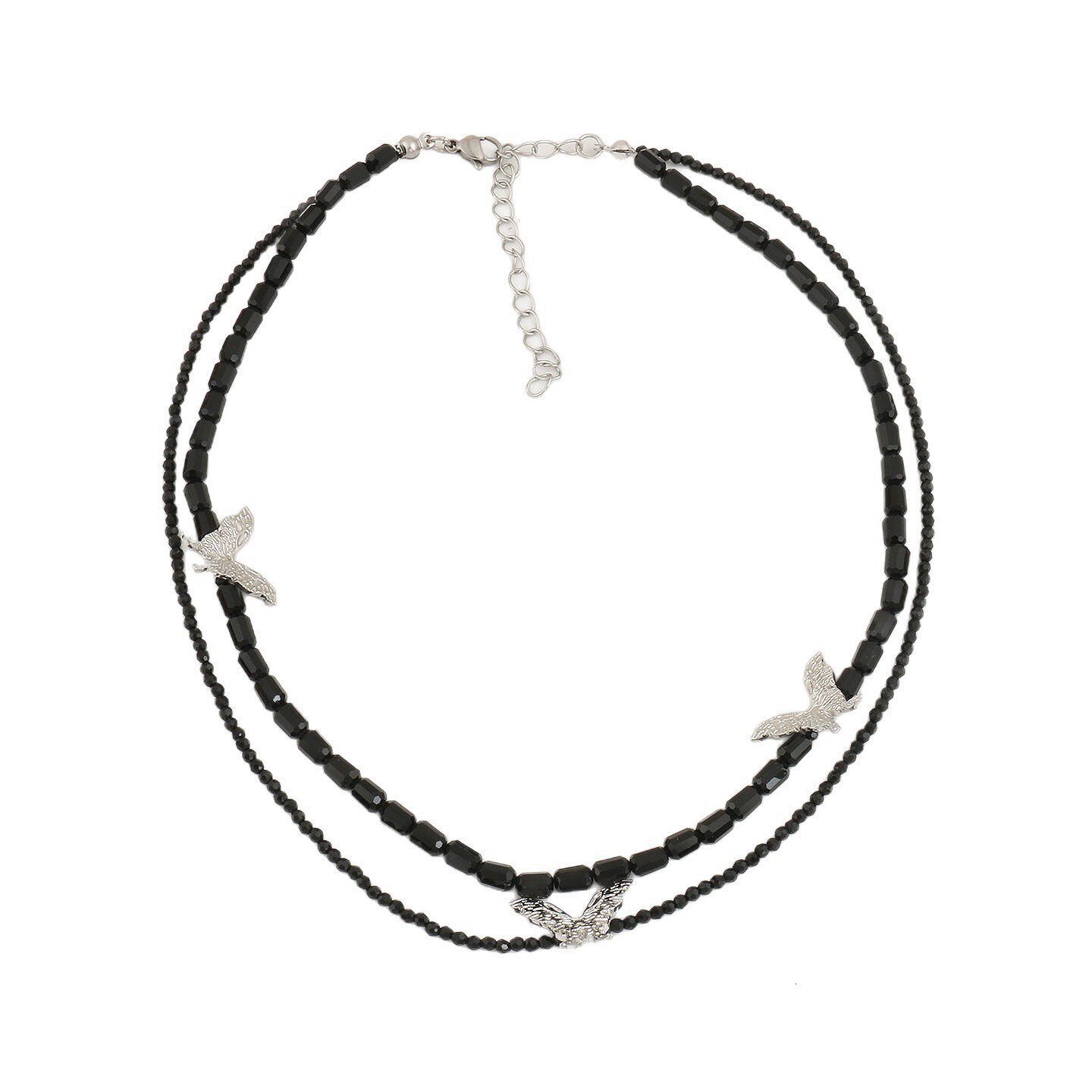 , elegant, black beaded double-layer butterfly necklace, a unique and stylish clavicle chain accessory for women