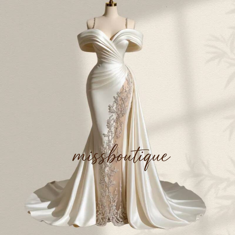 Elegant Ivory Satin Mermaid Wedding Dresses Champagne Linner Lace Appliques Spaghetti Long Bridal Gowns 2026 Bride Reception Dress Customized Q019