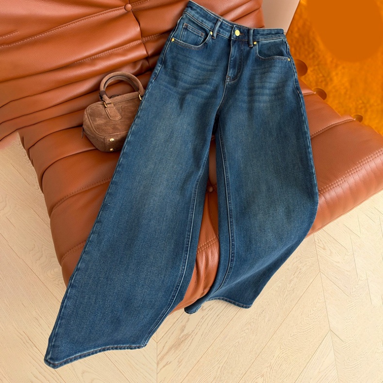 Vintage Straight Jeans Women Fleece Tweed Style Wide Leg Plus Size Jeans Fall Street Versatile Cowboy Skinny Long Pant
