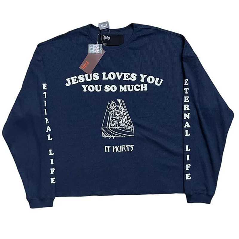 Dark Blue Waffle Paly Long Sleeve T-shirt Men Woman Washed Do Old Best Quality New Loose Hip Hop Fashion Print Tee Top T261019