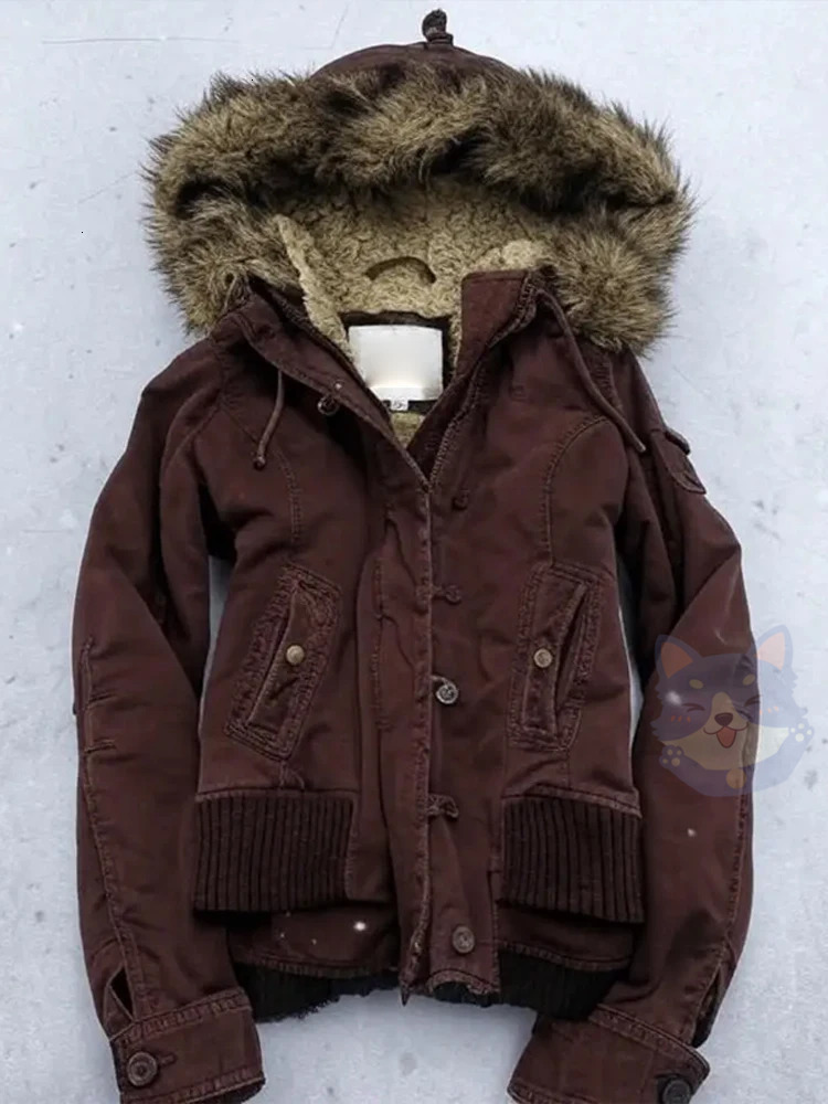 Womens Brown Hooded Jackets Fleece Lined Tops Faux Fur Hood Coats Casual Warm Outwear Winter Vintage Coat Woman Fashion Clothes 0f