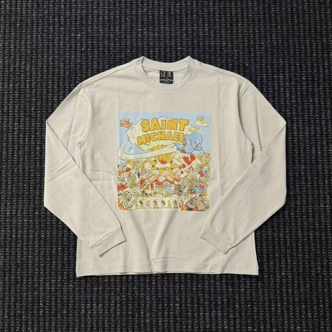 High Street Saint Cartoon Comic Print Vintage Washed Crew Neck Long Sleeve Tee Men's Casual T-shirts Men's Clothing