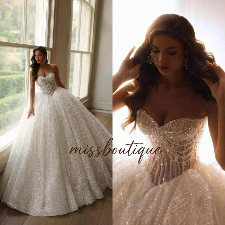 Strapless Ball Gown Wedding Dresses Gorgeous Crystal Beaded Sweep Train Bride Dress Custom Made Formal Women Bridal Gowns Q017