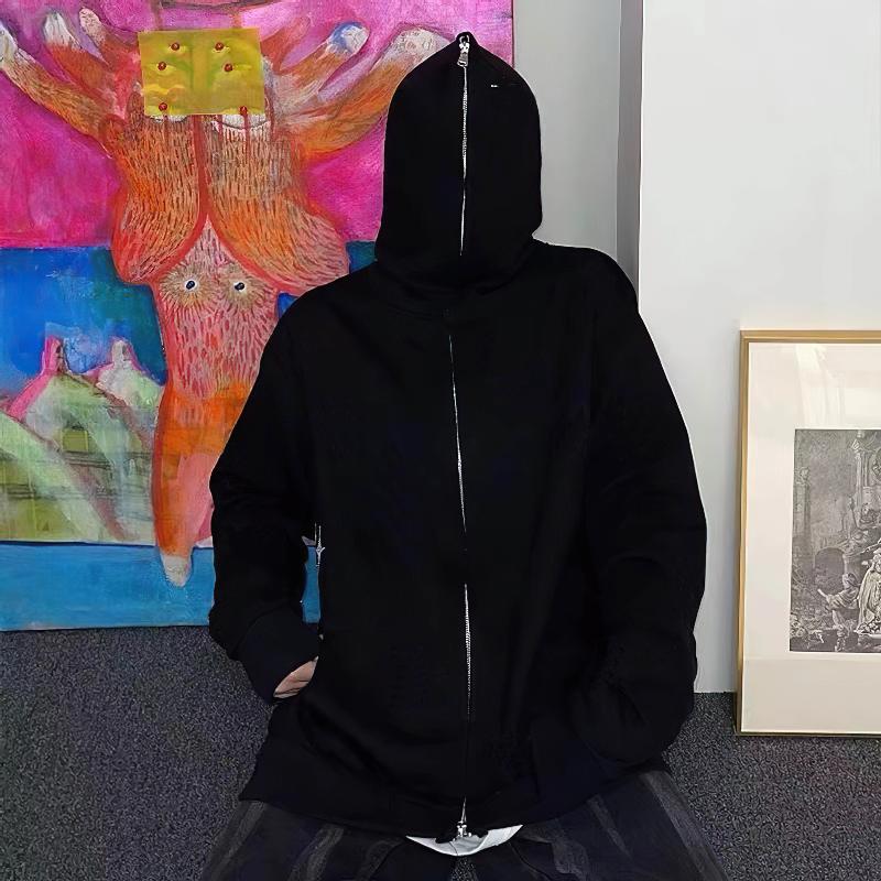 Designer Full Face Zip Up Hoodie Graphic Print Loose Fit Streetwear Harajuku Goth Hooded Sweatshirt Men Women