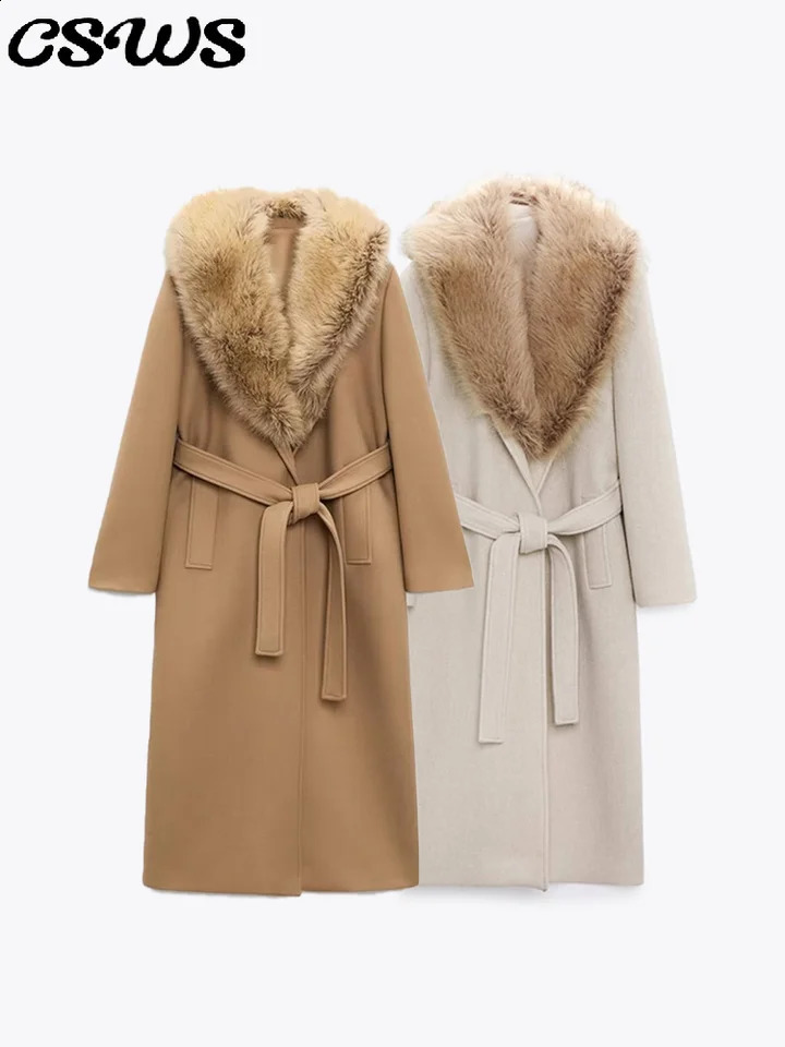 Elegant Fur Lapel Long Coat Women With Belt Woolen Full Sleeve Lace Up Loose Thicken Overcoat Spring Solid Pocket Outwear 261015