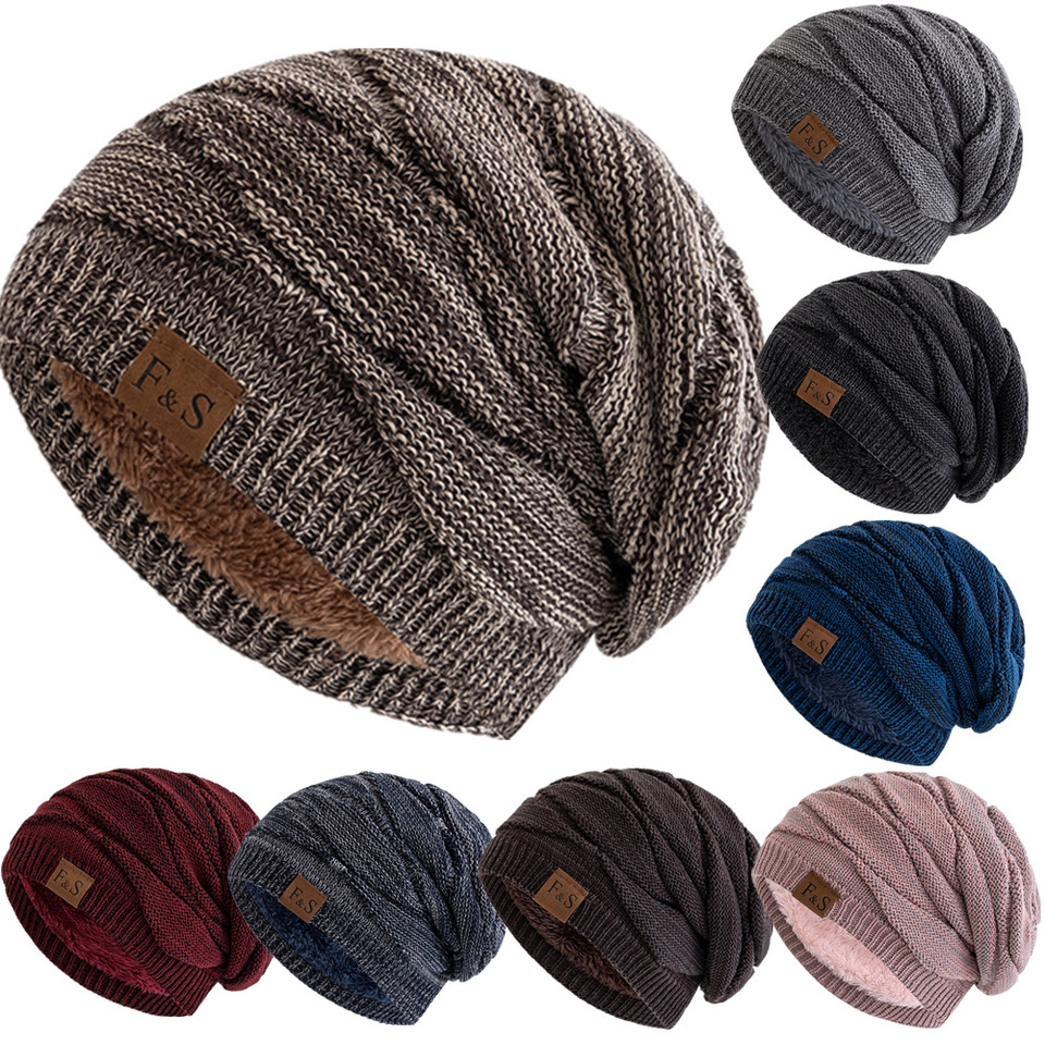 New Unisex Slouchy Warm Fleece Lined Beanie Cap Men Women Casual Label Decor Winter Mixed Color Knitted Hats J260511