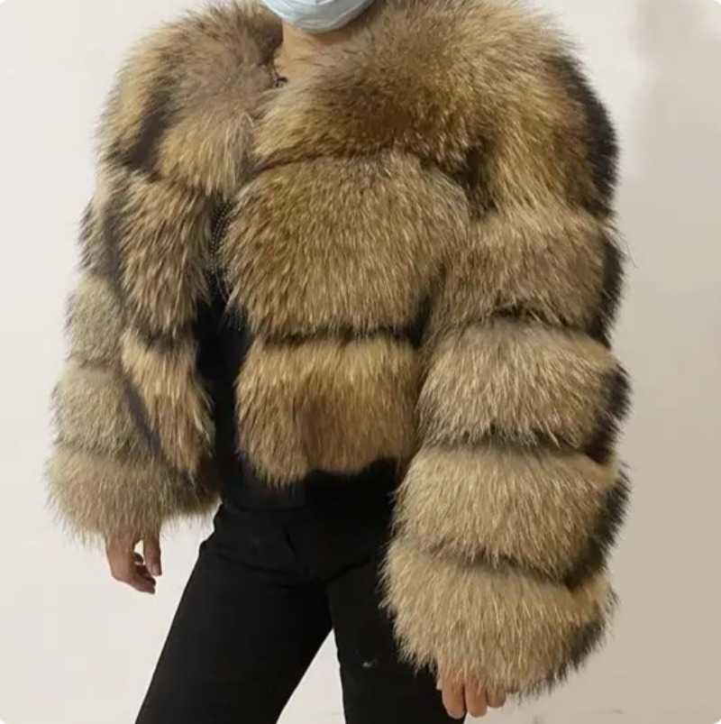 Raccoon Women Fur Coat Winter Thick Warm Furry Fur Jackets Coats Patchwork Outerwear casaco feminina frio S2610160M42